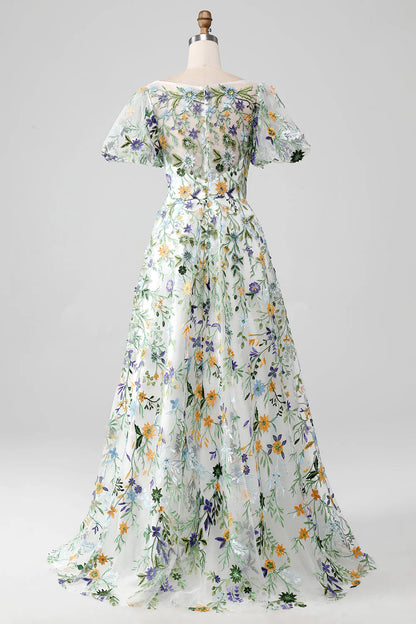 Amzcw Ivory Flower Ball-Gown/Princess Embroidered Long Prom Dress with Short Sleeves prom dresses stores