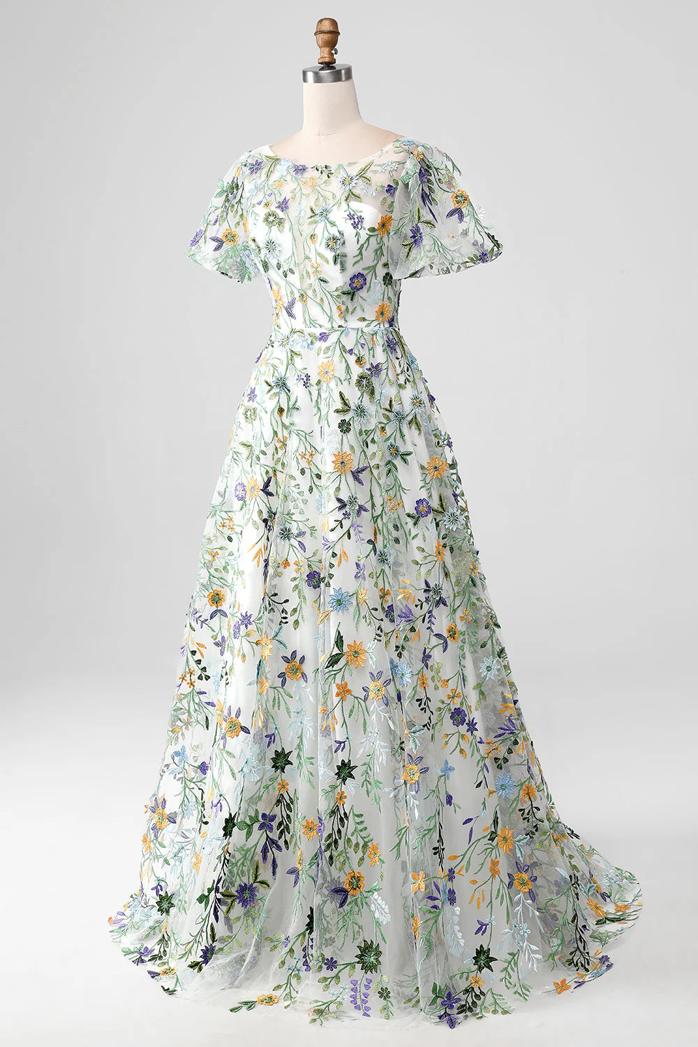 Amzcw Ivory Flower Ball-Gown/Princess Embroidered Long Prom Dress with Short Sleeves prom dresses stores