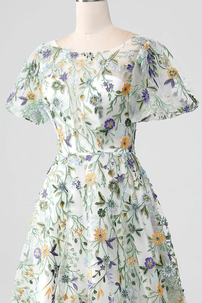 Amzcw Ivory Flower Ball-Gown/Princess Embroidered Long Prom Dress with Short Sleeves prom dresses stores