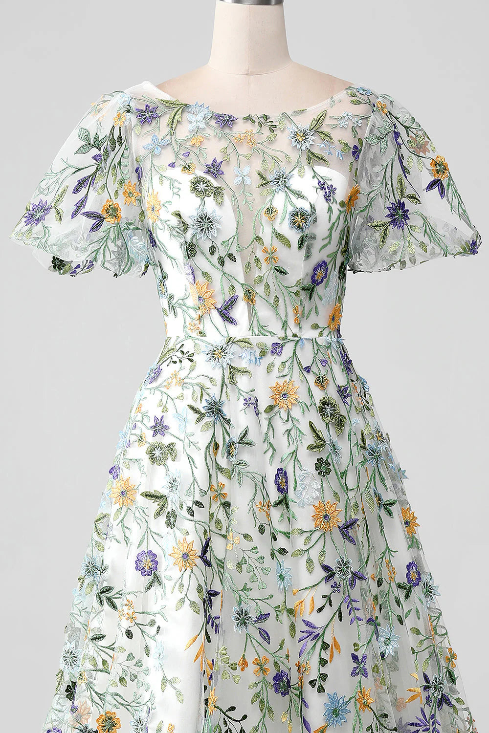 Amzcw Ivory Flower Ball-Gown/Princess Embroidered Long Prom Dress with Short Sleeves prom dresses stores