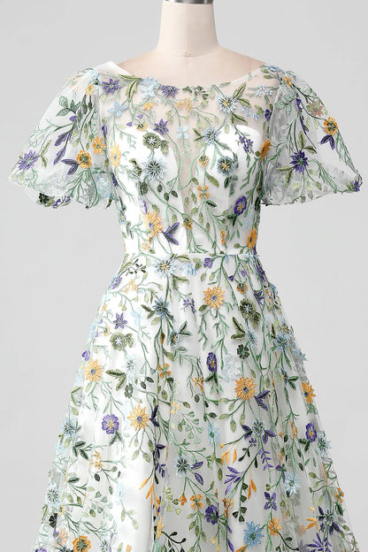 Amzcw Ivory Flower Ball-Gown/Princess Embroidered Long Prom Dress with Short Sleeves prom dresses stores