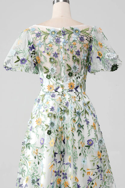 Amzcw Ivory Flower Ball-Gown/Princess Embroidered Long Prom Dress with Short Sleeves prom dresses stores