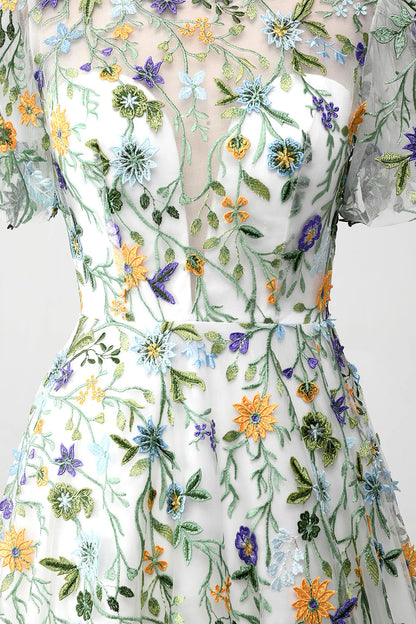 Amzcw Ivory Flower Ball-Gown/Princess Embroidered Long Prom Dress with Short Sleeves prom dresses stores