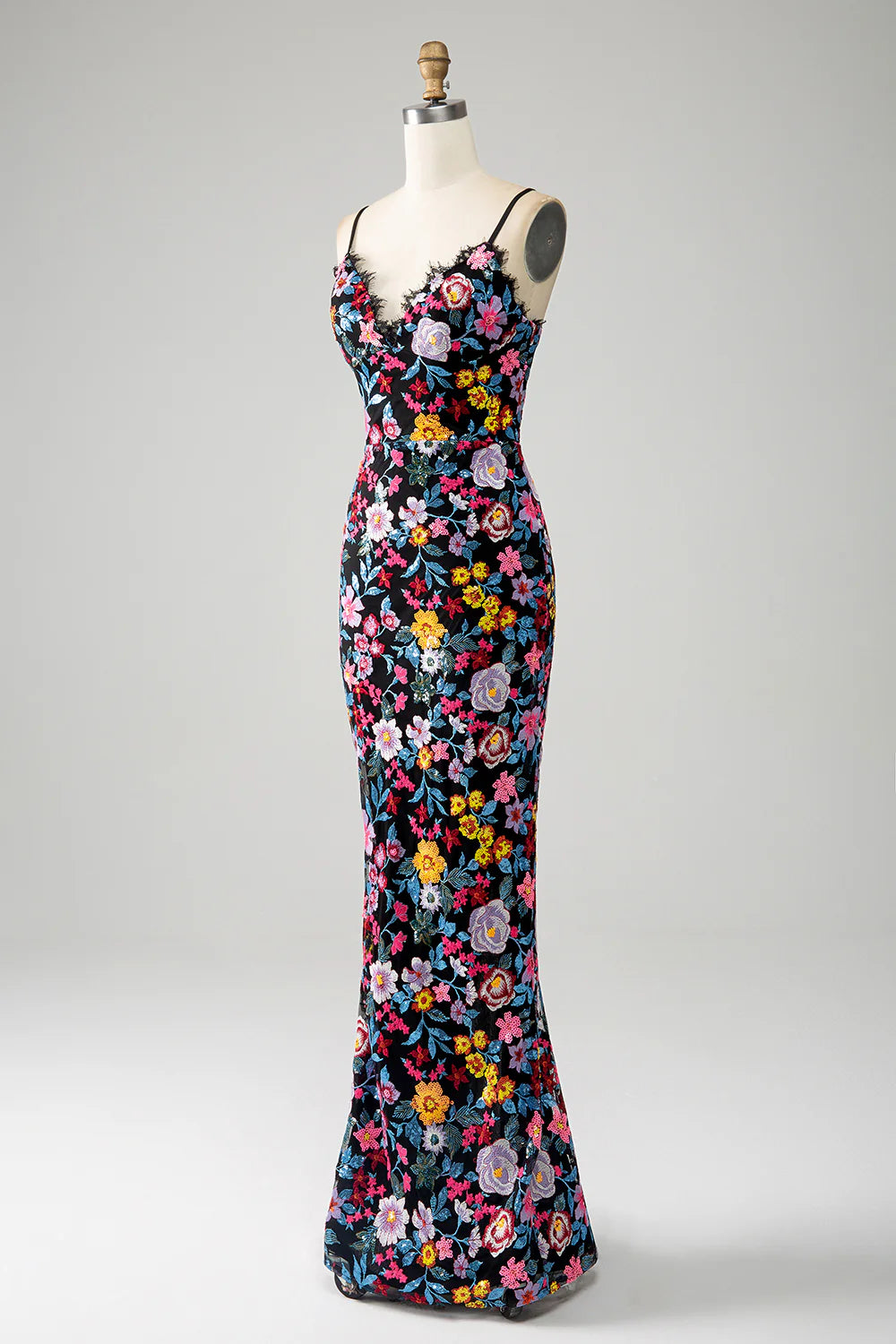 Amzcw Mermaid Spaghetti Straps Black Flower Long Prom Dress With Embroidery