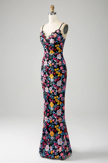 Amzcw Mermaid Spaghetti Straps Black Flower Long Prom Dress With Embroidery