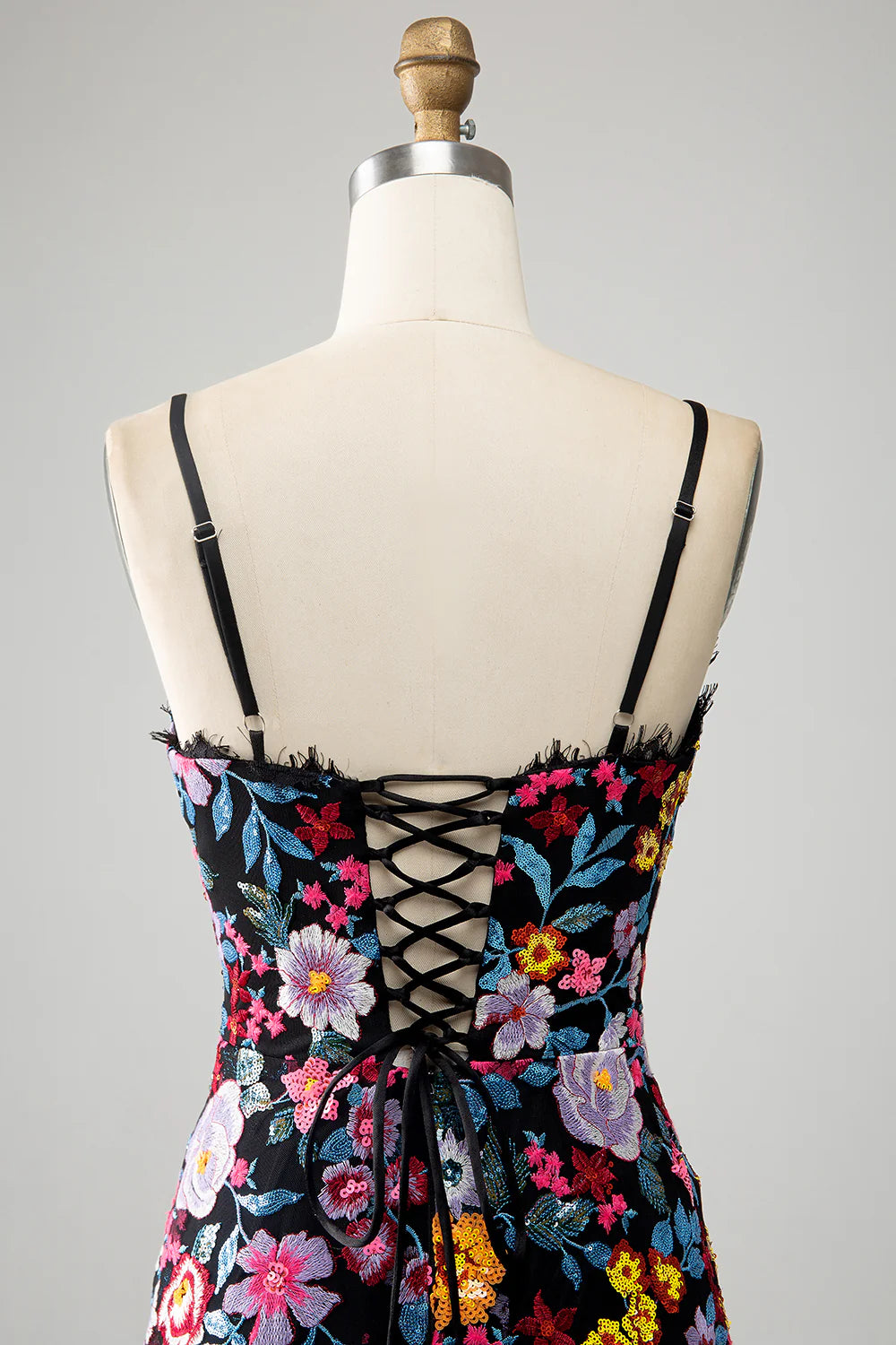 Amzcw Mermaid Spaghetti Straps Black Flower Long Prom Dress With Embroidery