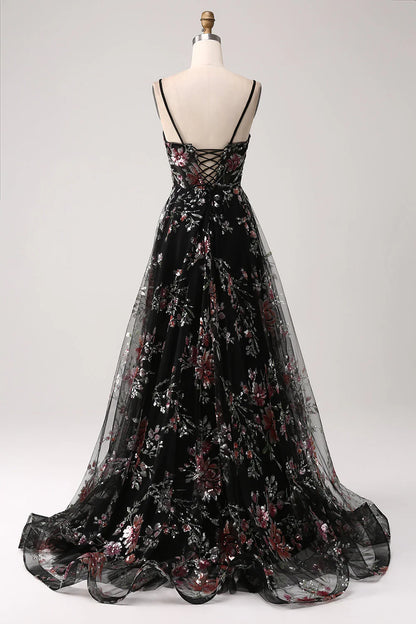Amzcw Black Flower A-Line Spaghetti Straps Sequins Long Corset Prom Dress With Slit long prom dresses with sleeves