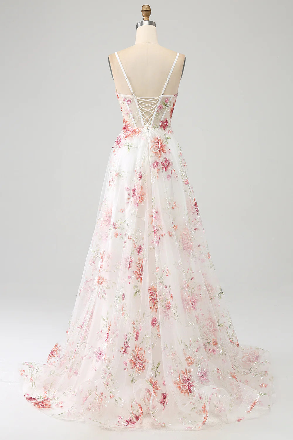 Amzcw Elegant Sparkly Ivory Flower A Line Sequin Corset Party Dress With Slit