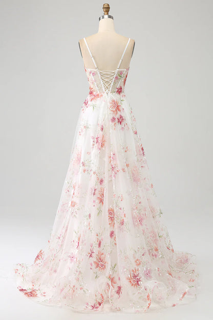 Amzcw Elegant Sparkly Ivory Flower A Line Sequin Corset Party Dress With Slit