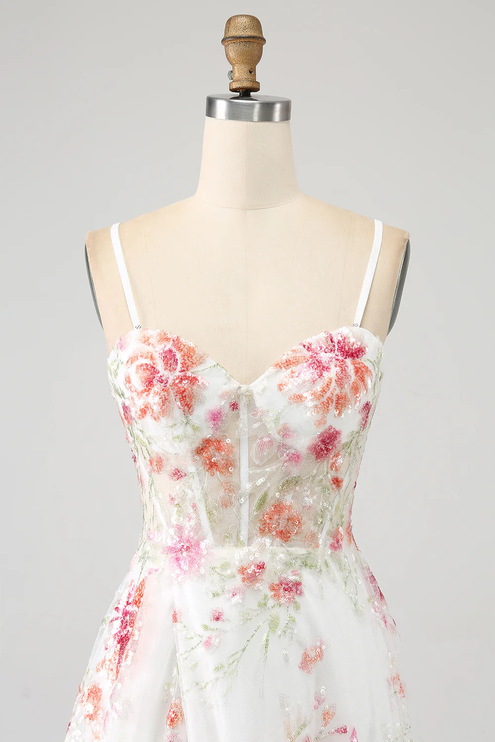 Amzcw Elegant Sparkly Ivory Flower A Line Sequin Corset Party Dress With Slit