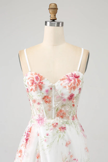 Amzcw Elegant Sparkly Ivory Flower A Line Sequin Corset Party Dress With Slit