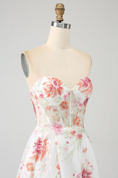 Amzcw Elegant Sparkly Ivory Flower A Line Sequin Corset Party Dress With Slit