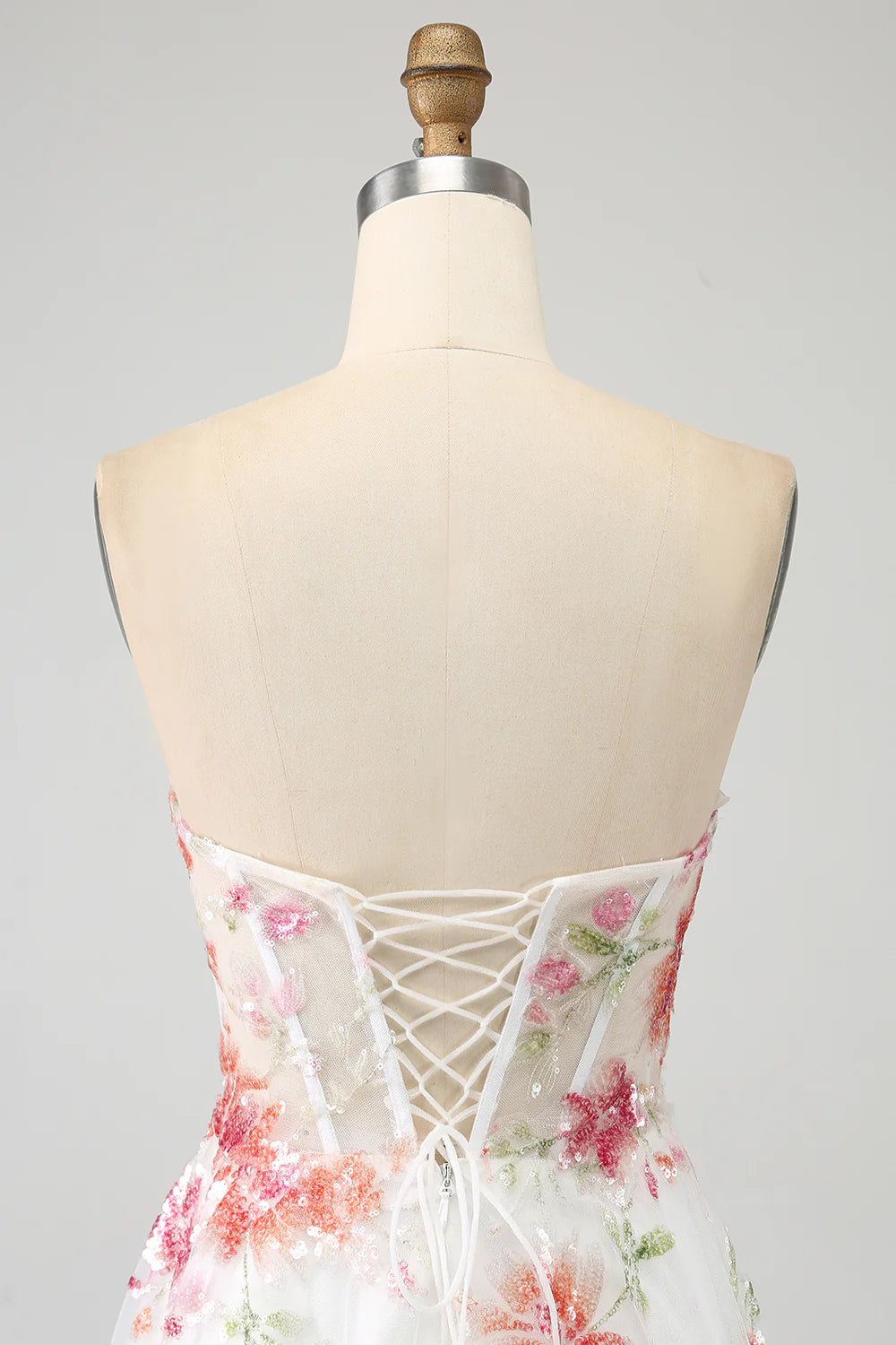 Amzcw Elegant Sparkly Ivory Flower A Line Sequin Corset Party Dress With Slit