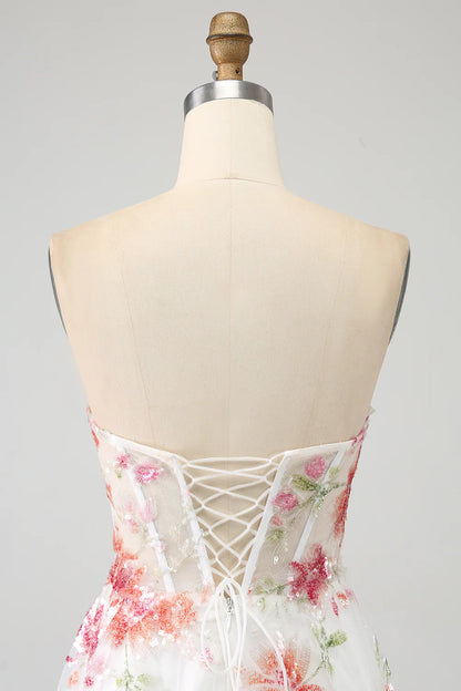 Amzcw Elegant Sparkly Ivory Flower A Line Sequin Corset Party Dress With Slit