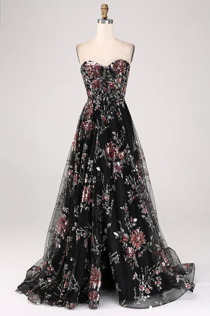 Amzcw Black Flower A-Line Spaghetti Straps Sequins Long Corset Prom Dress With Slit long prom dresses with sleeves