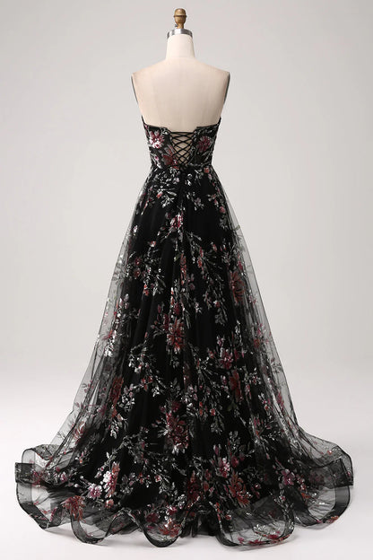 Amzcw Black Flower A-Line Spaghetti Straps Sequins Long Corset Prom Dress With Slit long prom dresses with sleeves