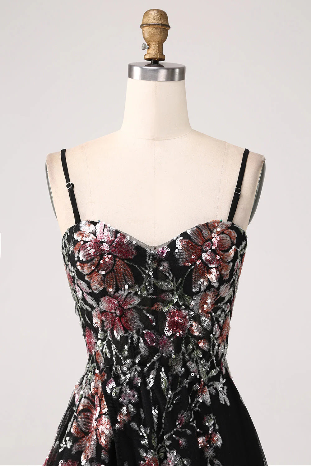 Amzcw Black Flower A-Line Spaghetti Straps Sequins Long Corset Prom Dress With Slit long prom dresses with sleeves