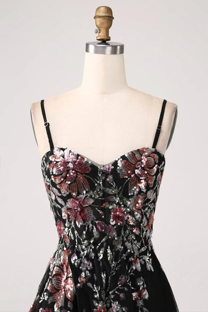 Amzcw Black Flower A-Line Spaghetti Straps Sequins Long Corset Prom Dress With Slit long prom dresses with sleeves