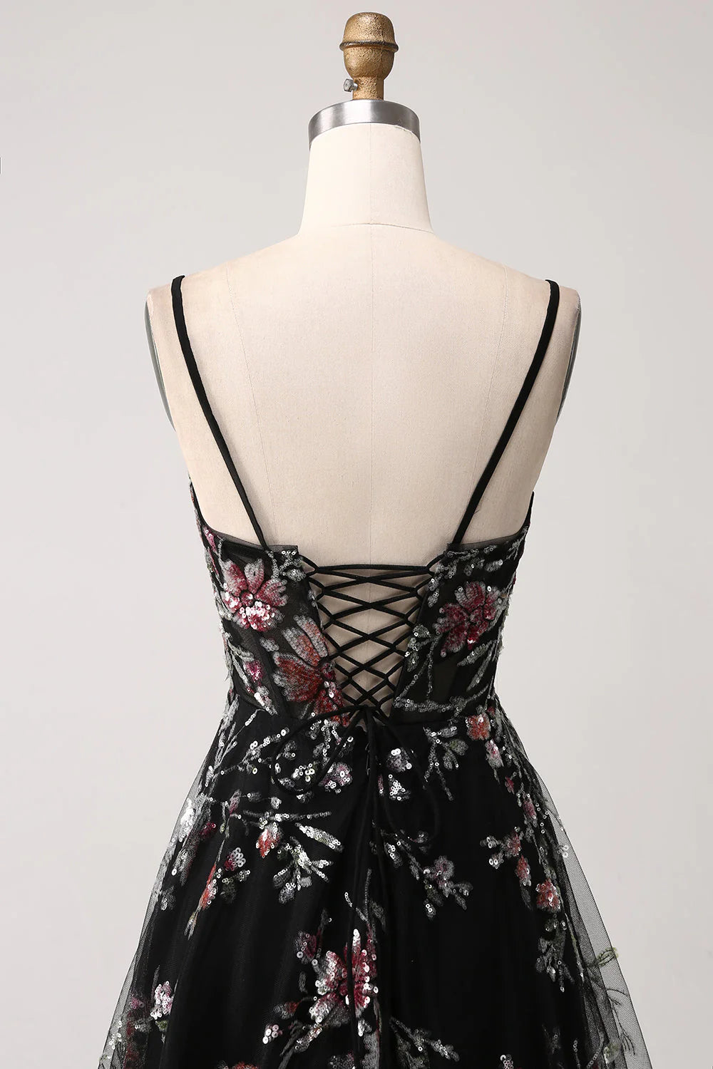 Amzcw Black Flower A-Line Spaghetti Straps Sequins Long Corset Prom Dress With Slit long prom dresses with sleeves