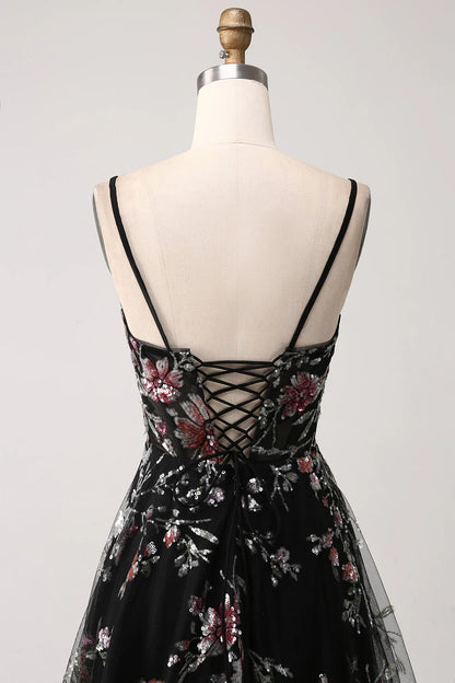 Amzcw Black Flower A-Line Spaghetti Straps Sequins Long Corset Prom Dress With Slit long prom dresses with sleeves