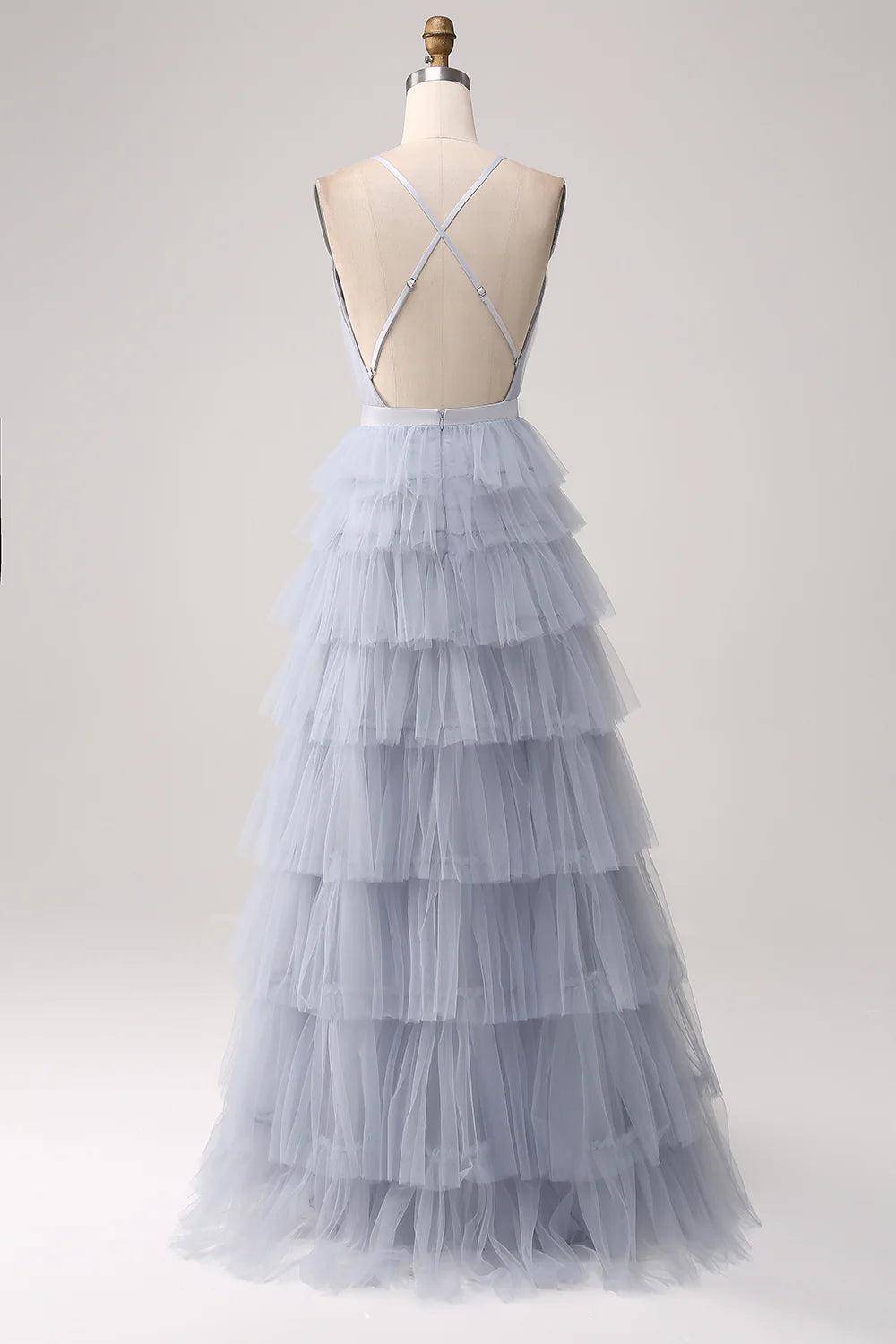 Amzcw Dusty Blue A-Line Spaghetti Straps Tiered Floor Length Tulle Prom Dress