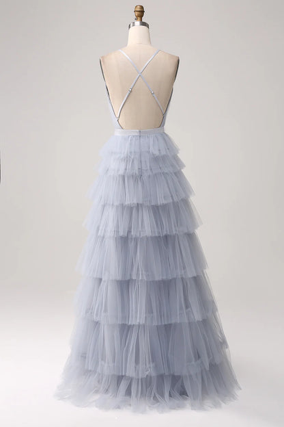 Amzcw Dusty Blue A-Line Spaghetti Straps Tiered Floor Length Tulle Prom Dress