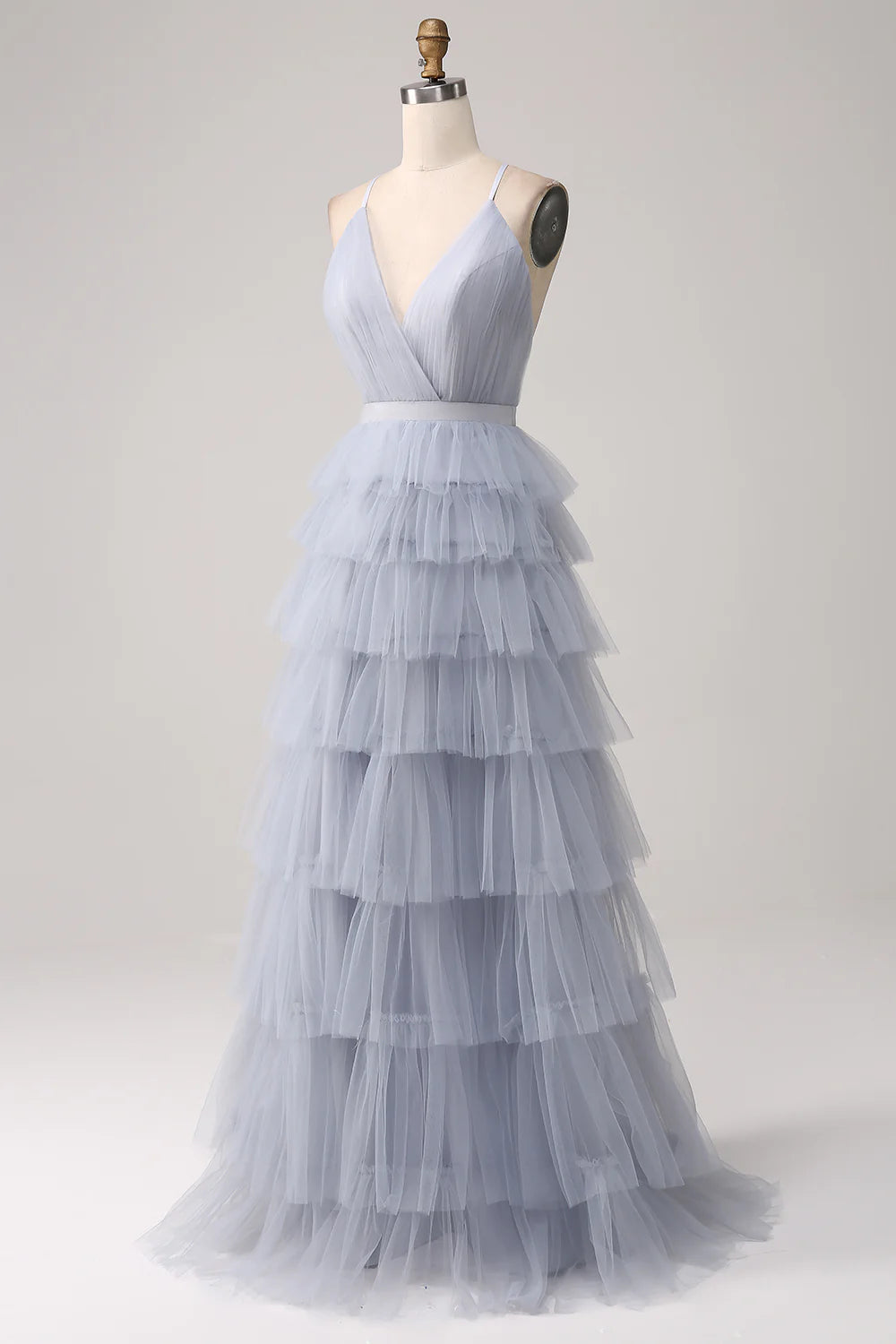 Amzcw Dusty Blue A-Line Spaghetti Straps Tiered Floor Length Tulle Prom Dress