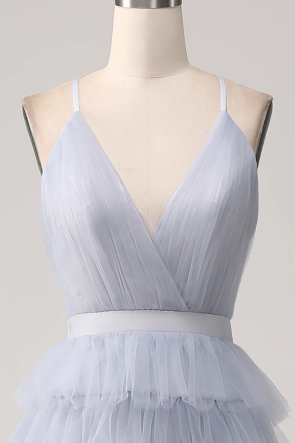 Amzcw Dusty Blue A-Line Spaghetti Straps Tiered Floor Length Tulle Prom Dress
