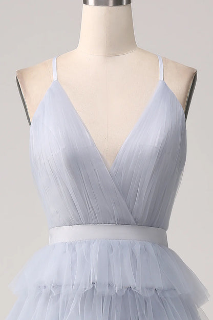 Amzcw Dusty Blue A-Line Spaghetti Straps Tiered Floor Length Tulle Prom Dress
