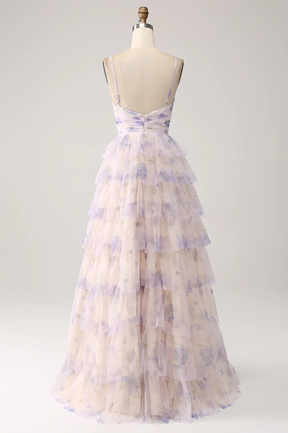 Amzcw Lavender Flower A-Line Spaghetti Straps Cut Out Pleated Tiered Long Prom Dress