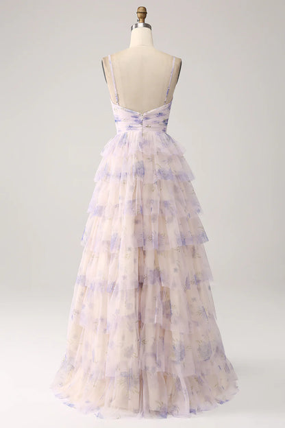 Amzcw Lavender Flower A-Line Spaghetti Straps Cut Out Pleated Tiered Long Prom Dress