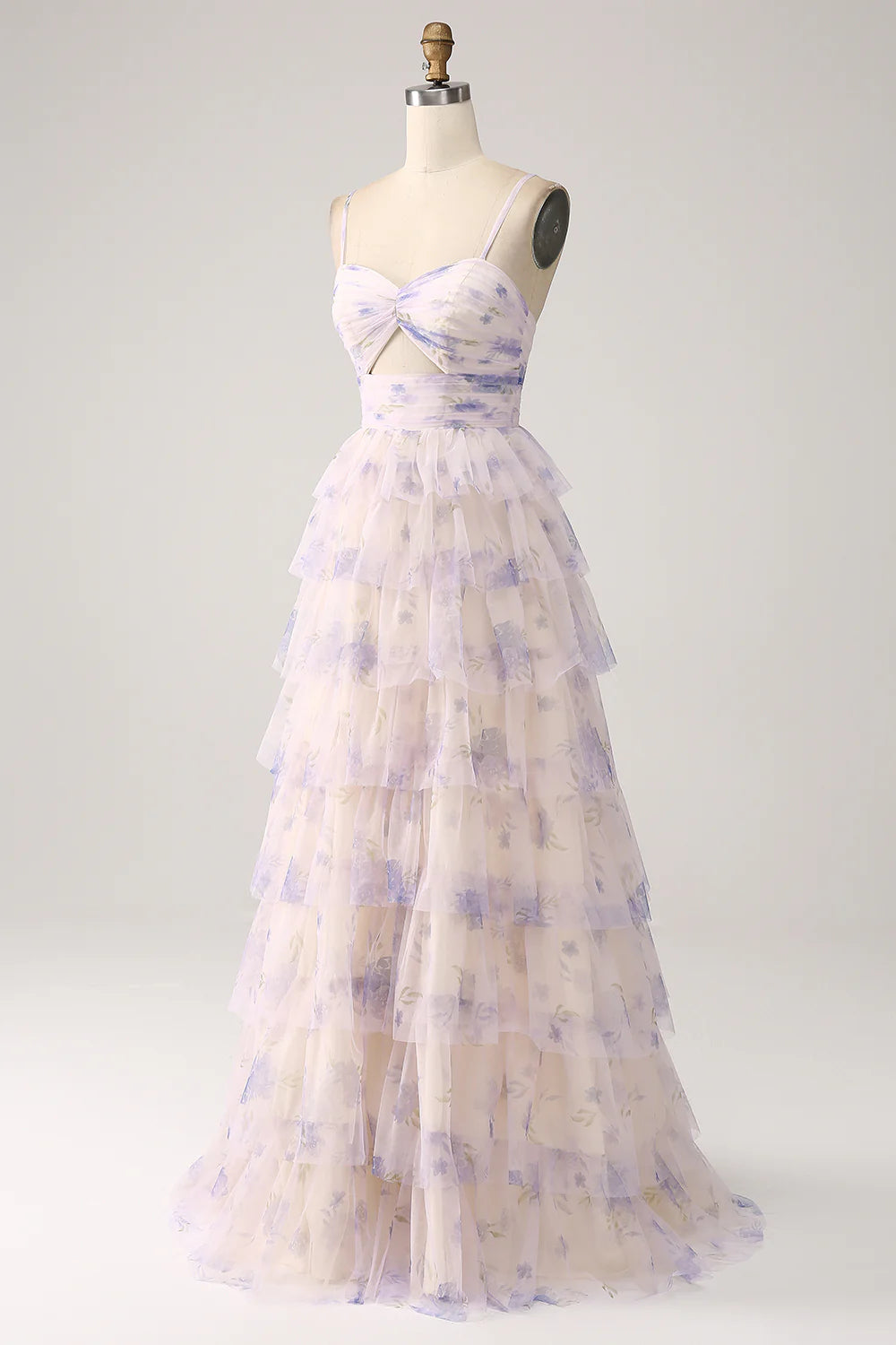 Amzcw Lavender Flower A-Line Spaghetti Straps Cut Out Pleated Tiered Long Prom Dress