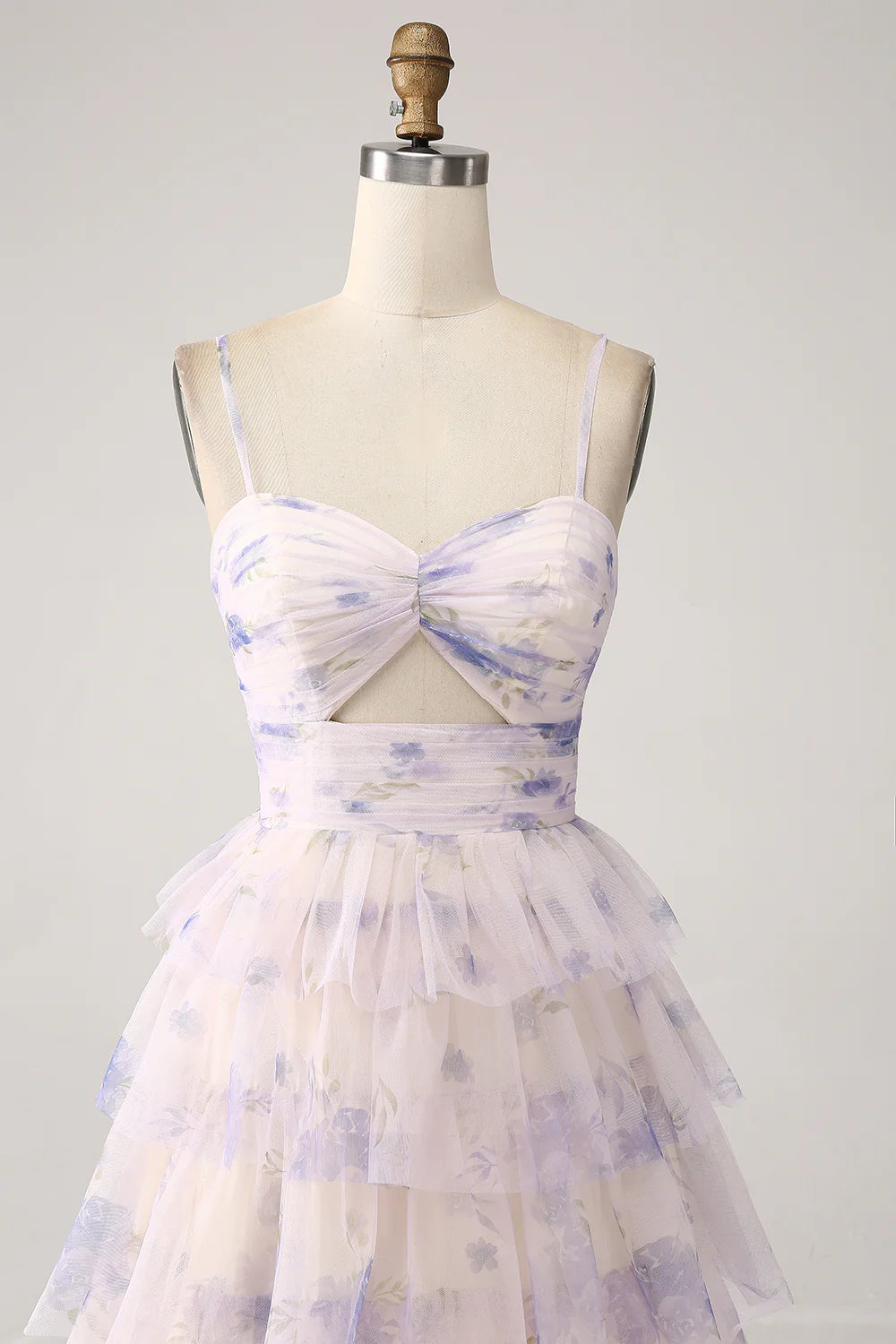 Amzcw Lavender Flower A-Line Spaghetti Straps Cut Out Pleated Tiered Long Prom Dress