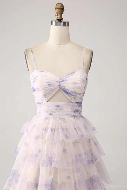 Amzcw Lavender Flower A-Line Spaghetti Straps Cut Out Pleated Tiered Long Prom Dress