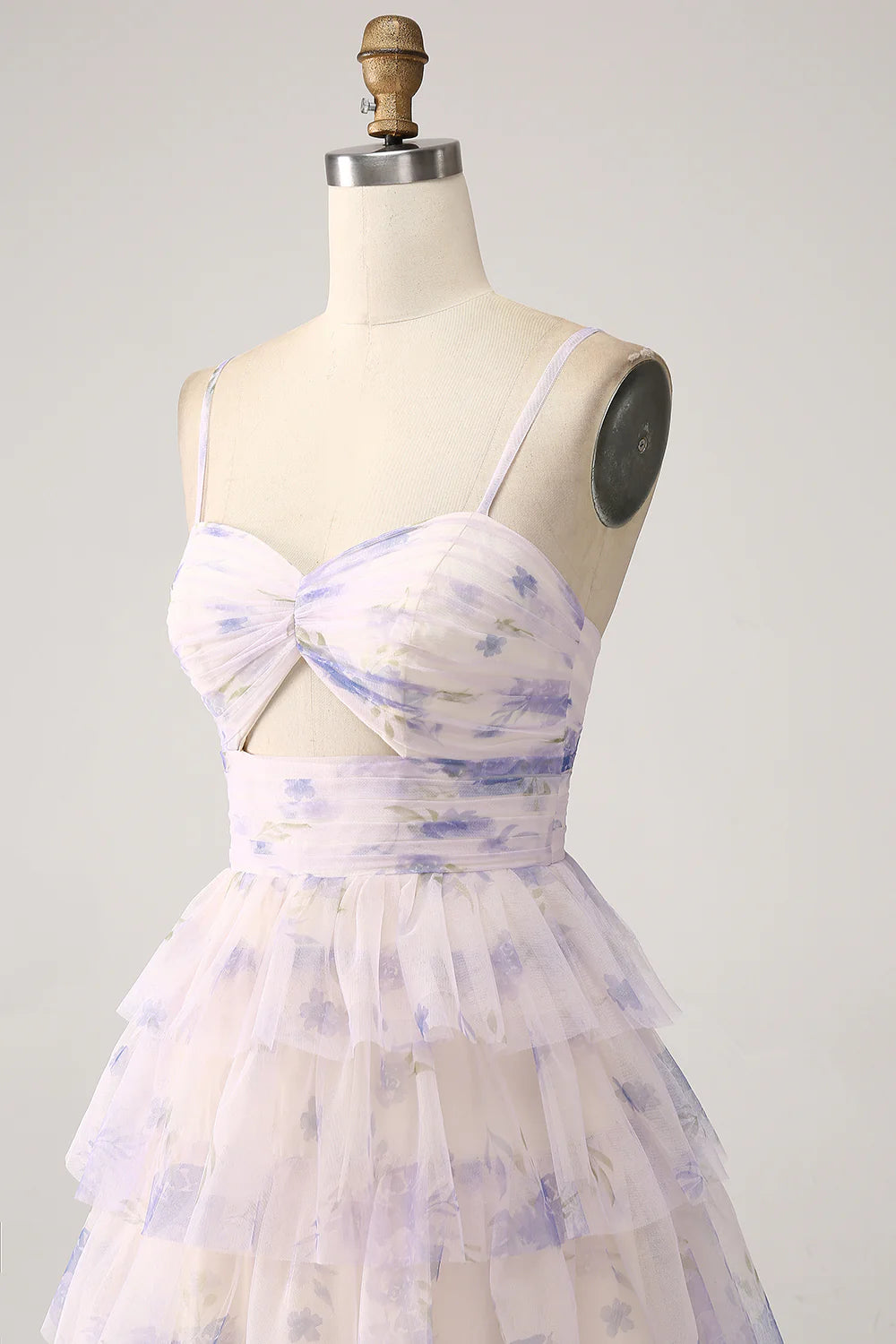 Amzcw Lavender Flower A-Line Spaghetti Straps Cut Out Pleated Tiered Long Prom Dress