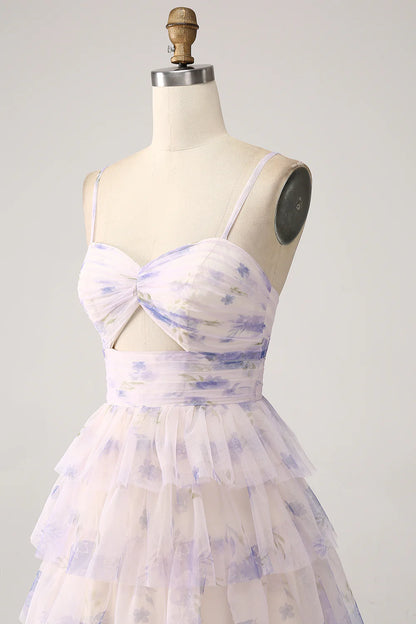 Amzcw Lavender Flower A-Line Spaghetti Straps Cut Out Pleated Tiered Long Prom Dress