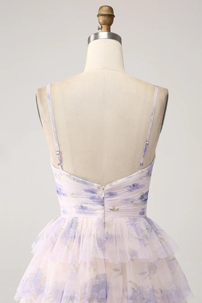 Amzcw Lavender Flower A-Line Spaghetti Straps Cut Out Pleated Tiered Long Prom Dress