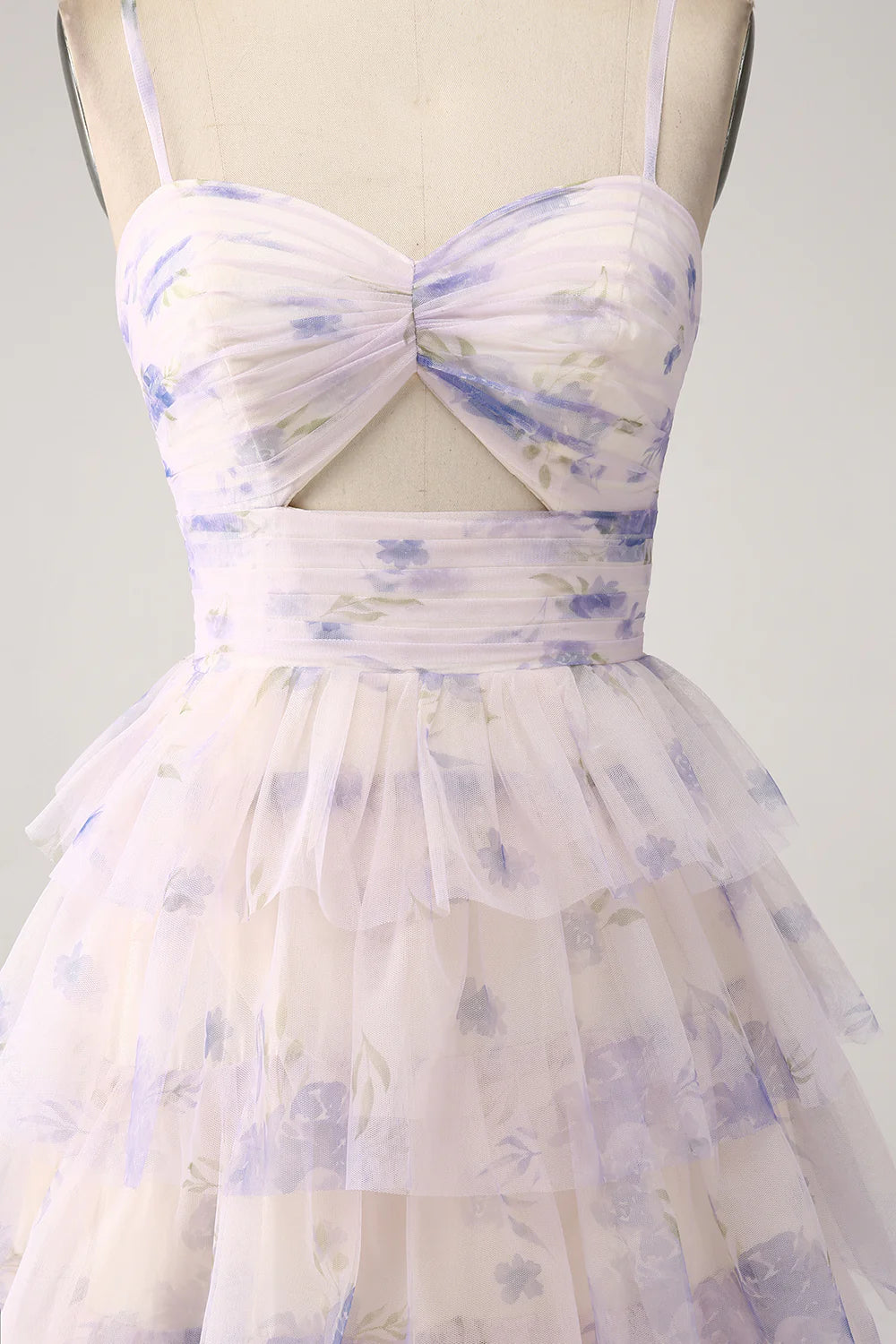 Amzcw Lavender Flower A-Line Spaghetti Straps Cut Out Pleated Tiered Long Prom Dress