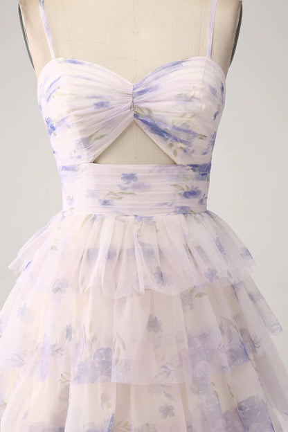 Amzcw Lavender Flower A-Line Spaghetti Straps Cut Out Pleated Tiered Long Prom Dress