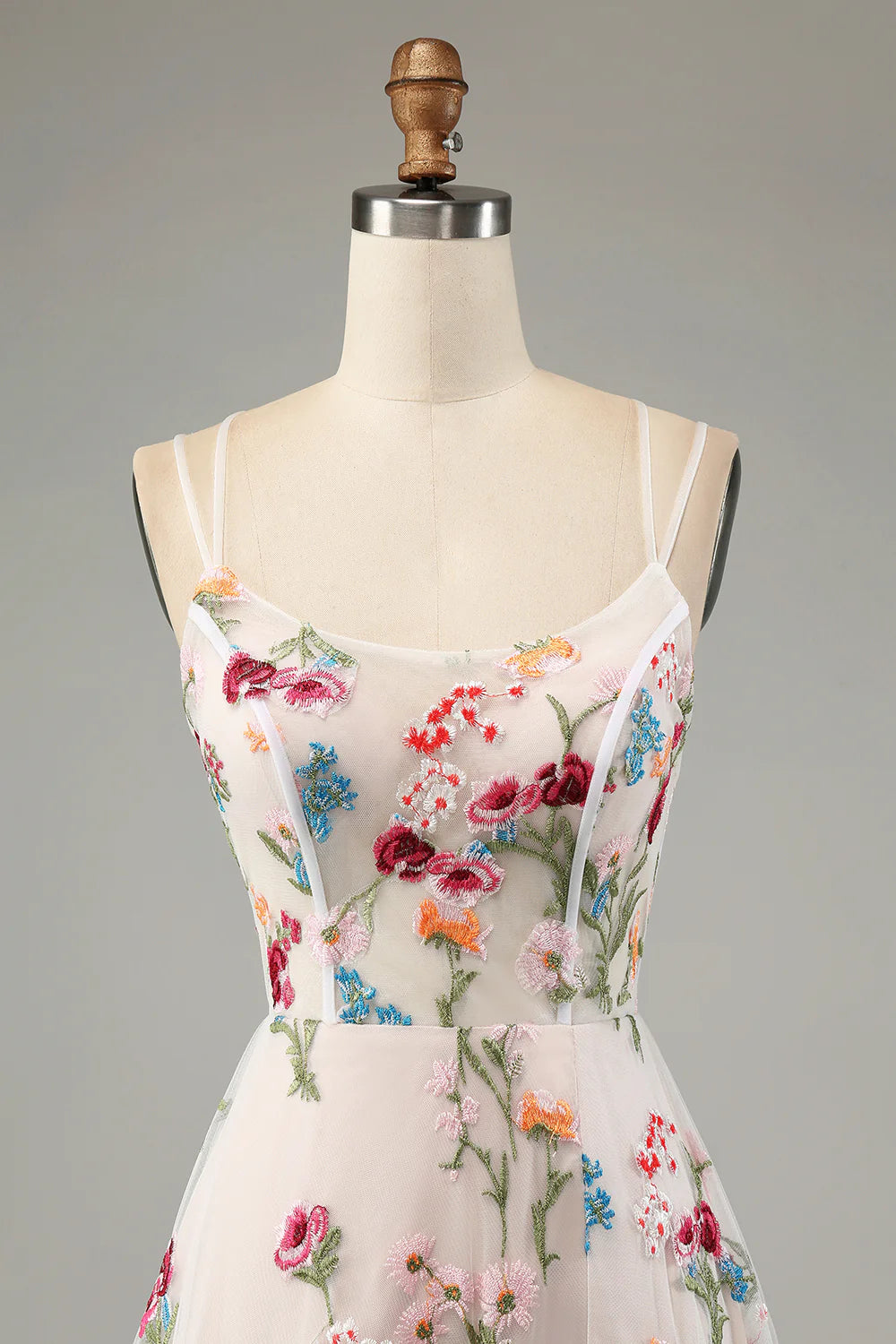 Amzcw Ivory A-Line Spaghetti Straps Corset Long Flower Maxi Dress With Slit