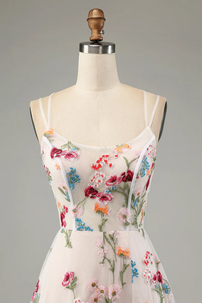 Amzcw Ivory A-Line Spaghetti Straps Corset Long Flower Maxi Dress With Slit