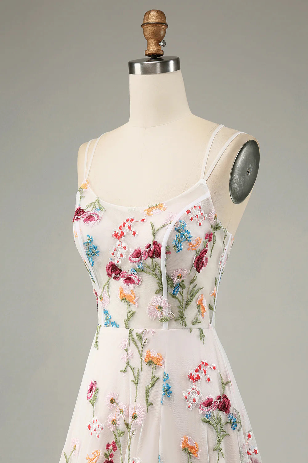 Amzcw Ivory A-Line Spaghetti Straps Corset Long Flower Maxi Dress With Slit