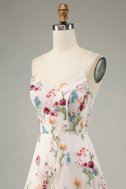 Amzcw Ivory A-Line Spaghetti Straps Corset Long Flower Maxi Dress With Slit