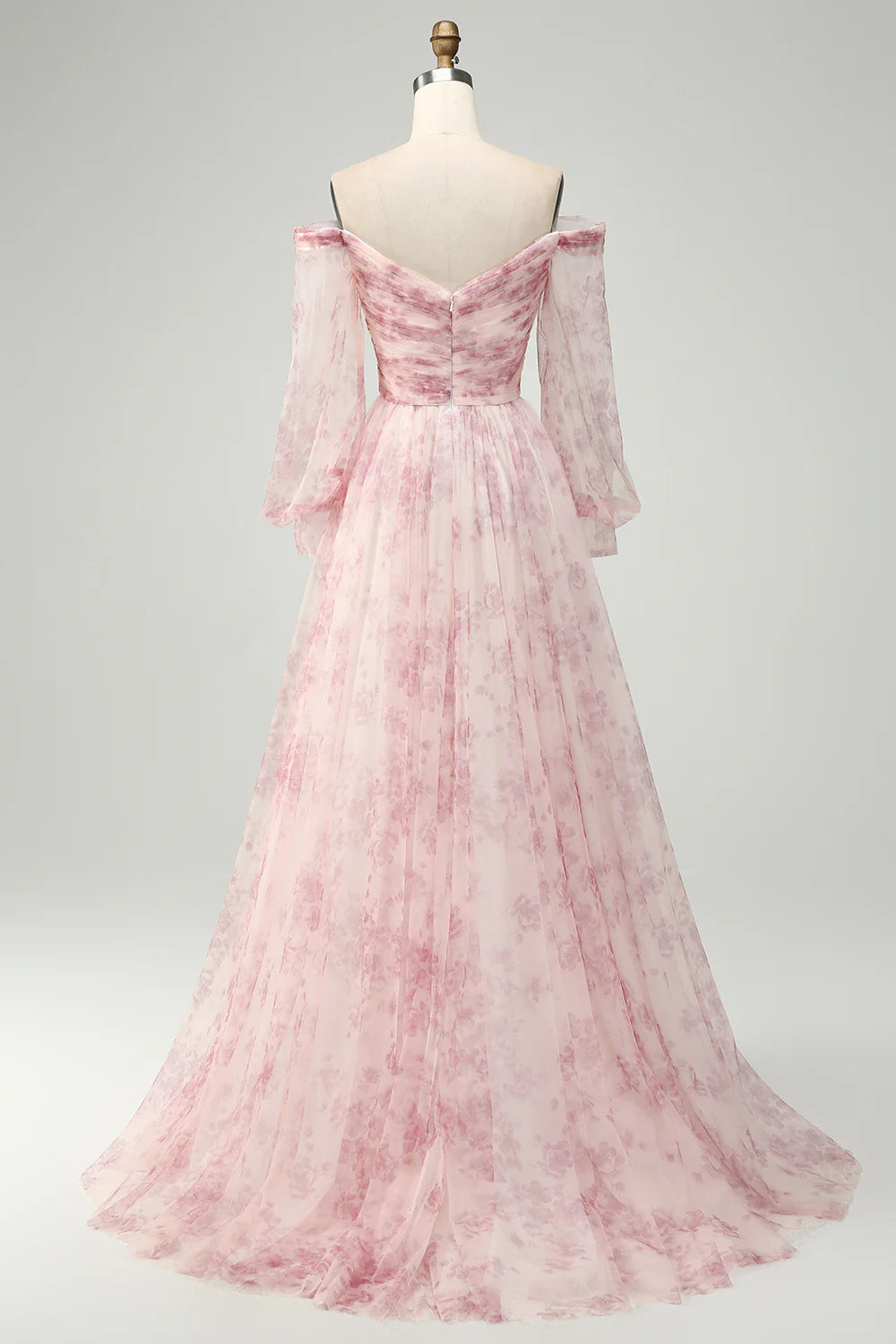 Amzcw Blush Flower A-Line Off The Shoulder Print Maxi Dress With Slit