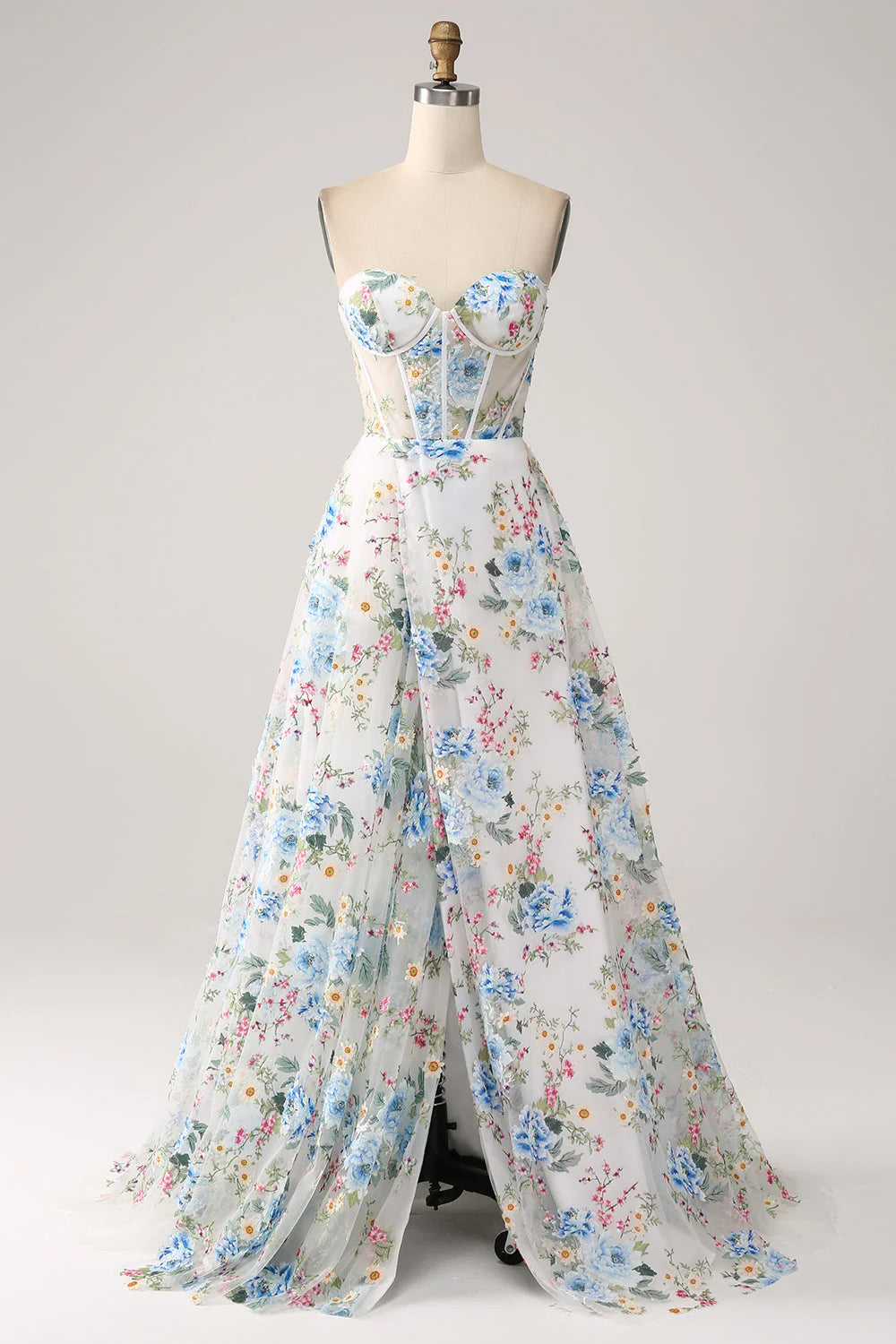 Amzcw White Blue Flower A-Line Strapless Corset Long Prom Dress With Slit