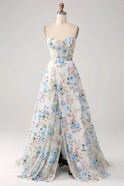 Amzcw White Blue Flower A-Line Strapless Corset Long Prom Dress With Slit