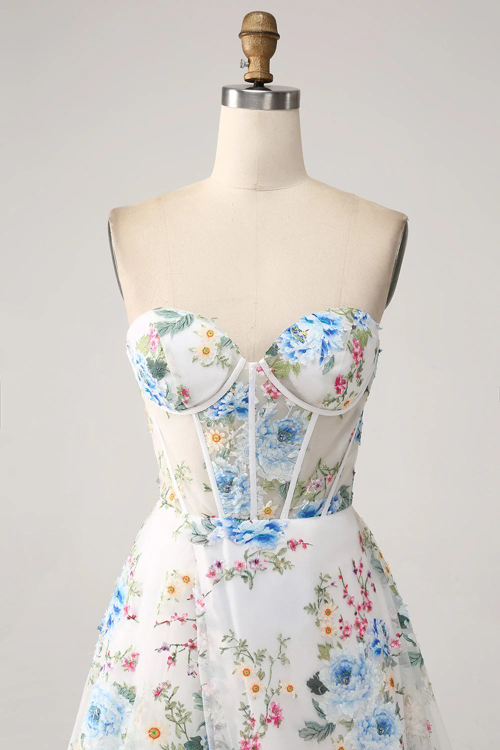 Amzcw White Blue Flower A-Line Strapless Corset Long Prom Dress With Slit