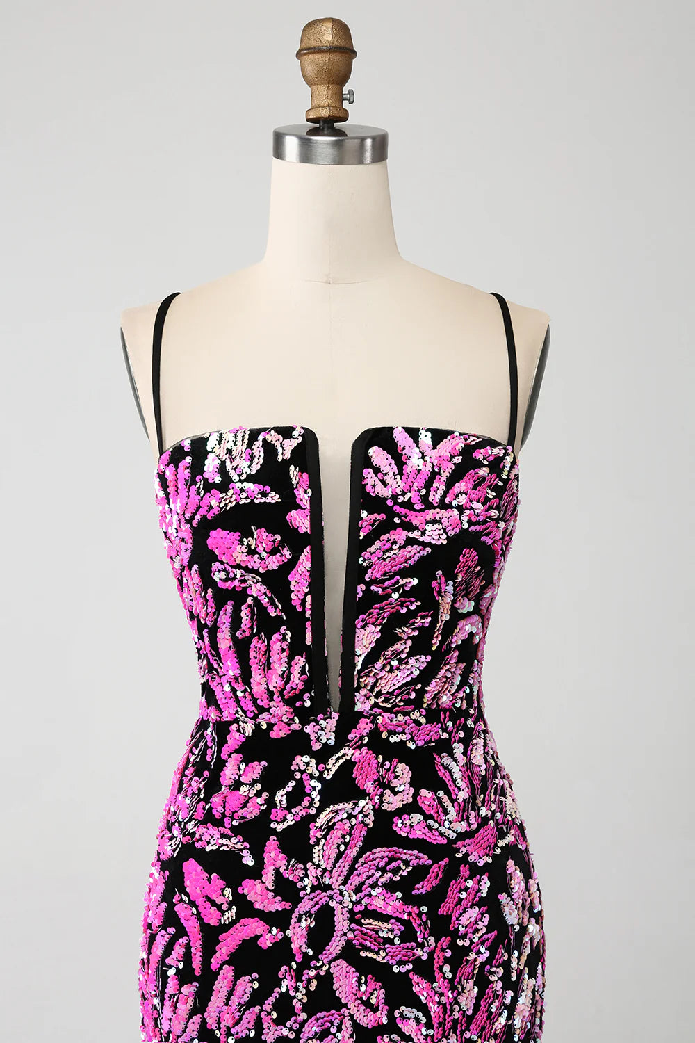 Amzcw Sparkly Mermaid Spaghetti Straps Fuchsia Black Sequin Prom Dress With Side Slit