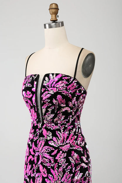 Amzcw Sparkly Mermaid Spaghetti Straps Fuchsia Black Sequin Prom Dress With Side Slit