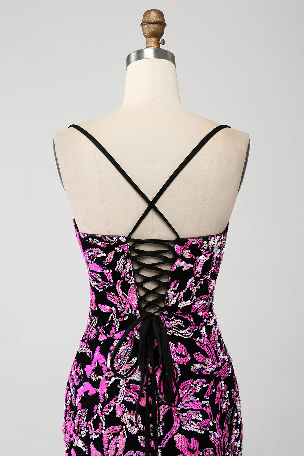 Amzcw Sparkly Mermaid Spaghetti Straps Fuchsia Black Sequin Prom Dress With Side Slit